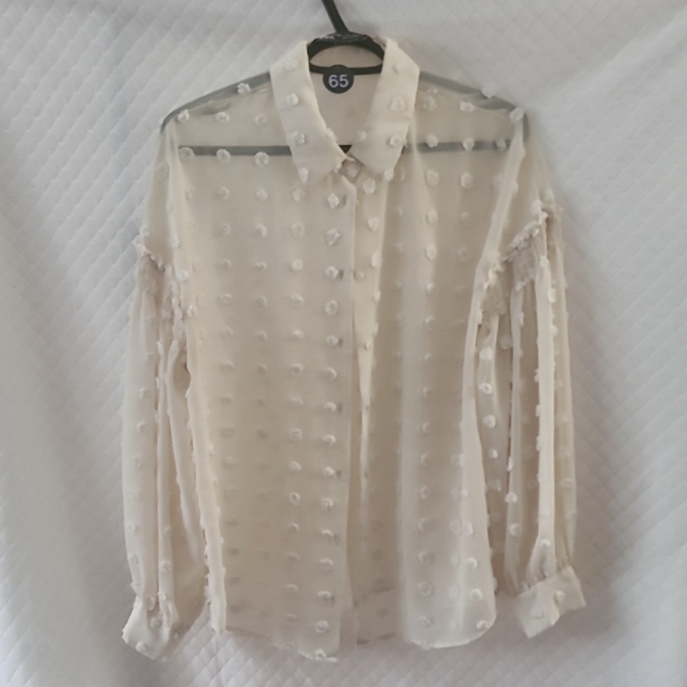 Zara Sz L Cream Sheer Blouse With Pom Pom Style Finish